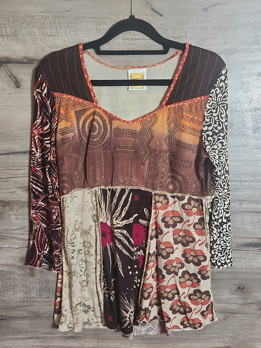 Hand Jive Handmade Patchwork Tunic Top In Brown Motif